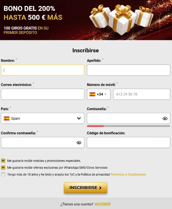 Formulario de registro de Unique Casino con bono de bienvenida del 200% hasta 500 € más 100 giros gratis en el primer depósito