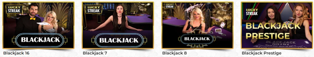Juegos de blackjack en vivo de Unique Casino con mesas Blackjack 16, Blackjack 7, Blackjack 8 y Blackjack Prestige de Lucky Streak