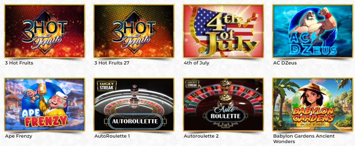 Selección de juegos de Unique Casino con slots como 3 Hot Fruits, 4th of July, AC DZeus y Ape Frenzy, además de juegos de ruleta en vivo