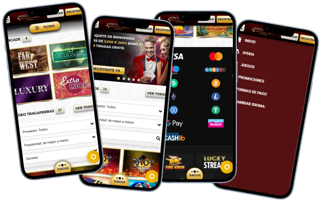 Versión móvil de Unique Casino con juegos de casino, promociones, métodos de pago, criptomonedas y menú de navegación en smartphones